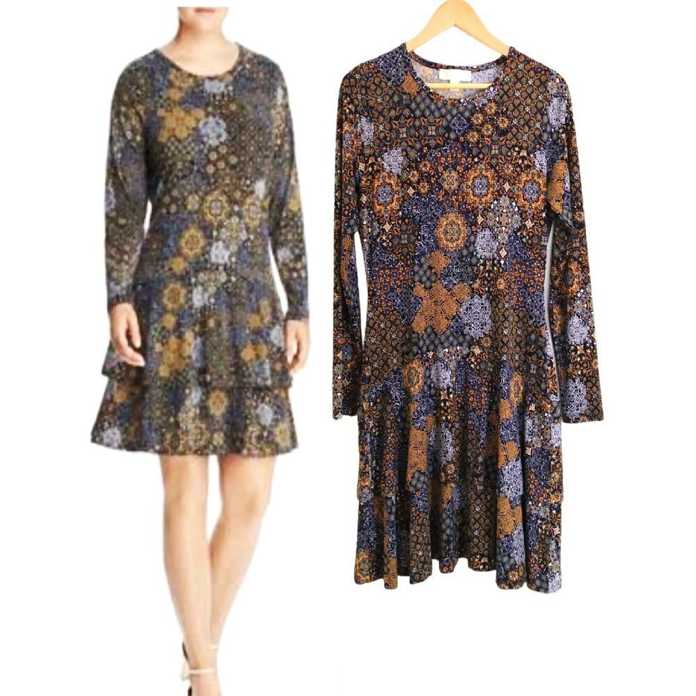 Michael Kors Boho Floral Print Long Sleeve‎ Tiered Soft Stretchy Midi Dress Sz M